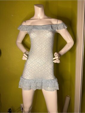 No brand Baby Blue Lace Off the Shoulder Mini Dress with Ruffle Detailings